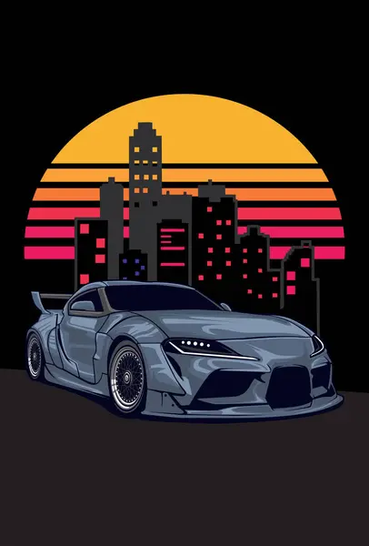 Spor araba şablonu binaların arka planında, otomatik modifiye edilmiş logo t-shirt, kıyafet, çıkartma grubu topluluğu, poster, el ilanı kullanılabilir