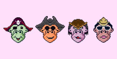 Birkaç farklı yüz çeşitliliğine sahip maymun kafaları koleksiyonu, çeşitli şapka ve gözlük özelliklerine sahip maymun kafalarının vektör koleksiyonu