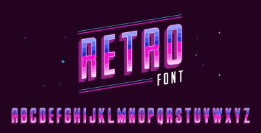 Retro Futuristik 80 'ler tarzı yazı tipi. Oyun başlıkları, poster başlıkları ve klasik stili için krom efekt şablonuna sahip vektör alfabesi