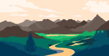 Arkasında dağlar olan yeşil çayır ve güneşli bulutlar