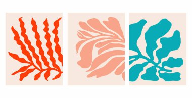 Soyut çiçek posterleri seti. Matisse Biçimi çağdaş arkaplan, organik temalı vektorbotanik elementler, sanat baskısı