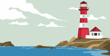 Adadaki deniz feneri düz bir şekilde. Deniz feneriyle kıyı şeridi manzarası. Sahilde Faros, kıyı dalgaları manzarasında bir kayanın üzerinde deniz feneri.