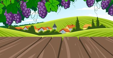 Asma ve kırsal arkaplan ile süslenmiş boş ahşap tahta