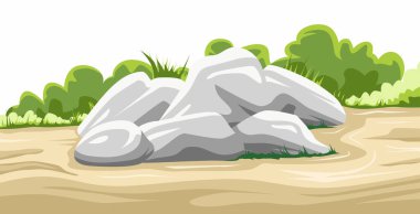 Beyaz zemin üzerinde yabani otlar bulunan doğal taşların vektör görünümü