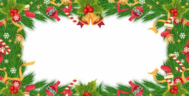 Beyaz arkaplanda dekore edilmiş noel ağacı dallarının vektör çerçevesi