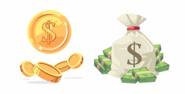 Bozuk para ve banknotlardan oluşan bir para koleksiyonu, beyaz bir arkaplanda izole edilmiş çuvallarla birlikte.
