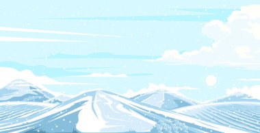 Yumuşak bulutlar ve hafif kar yağışı ile dolu, parlak bir gökyüzü altında karla kaplı sakin bir kış manzarası..