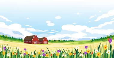 A picturesque farm scene with red barns nestled in a field of blooming wildflowers against a clear blue sky. clipart