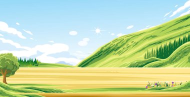 Gökyüzünün altındaki yeşil tepelerin arka planında çimlerle, çiçeklerle ve ağaçlarla kaplanmış boş arazi manzarası