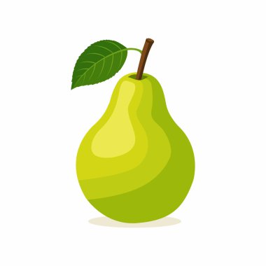  Canlı yeşil bir armut, tek bir yaprak ve gövde, olgun ve taze..