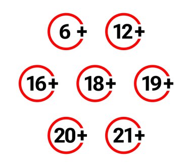 Yaş kısıtlama vektör simgesi ayarlandı. Önerilen yaş sınırı. Sadece yetişkinler. Vektör simgeleri