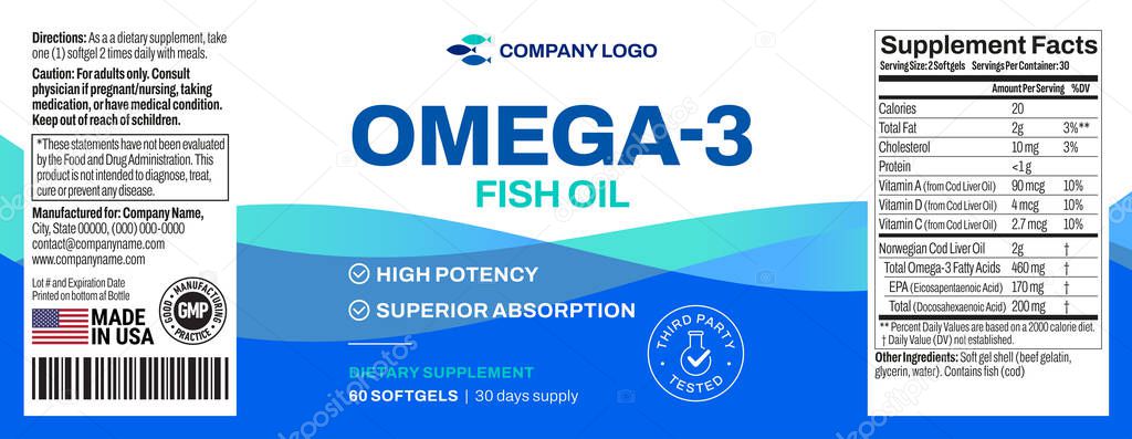 Omega 3 softgels Bottle Label vector packaging