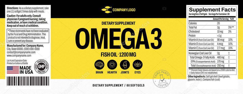 Omega 3 softgels Bottle Label vector packaging