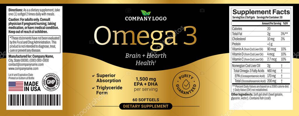 Omega 3 softgels Bottle Label vector packaging