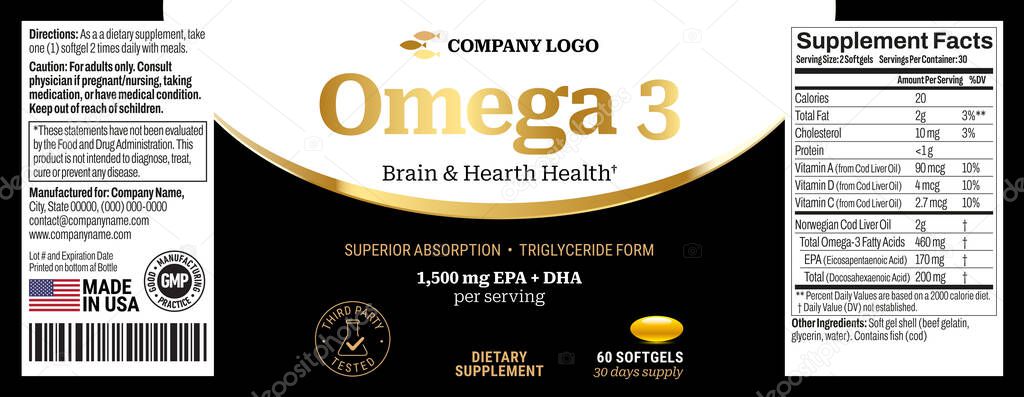 Omega 3 softgels Bottle Label vector packaging
