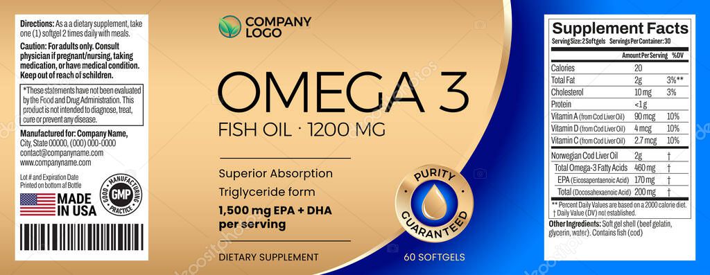 Omega 3 softgels Bottle Label vector packaging