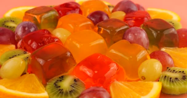 Multi Colored Berry Gelatin Jelly Grapes Orange Slices Kiwi Pink — Stock Video