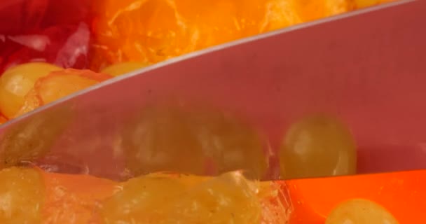 Cutting Knife Blade Multi Colored Berry Gelatin Jelly Grapes Orange — Stock Video