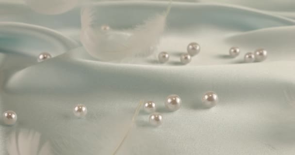 White Swan Feathers Fall Pale Blue Silk Pearls Slow Motion — Stock Video