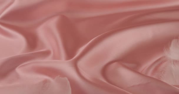 Las Plumas Cisne Blanco Caen Sobre Seda Rosa Pastel Movimiento — Vídeos de Stock