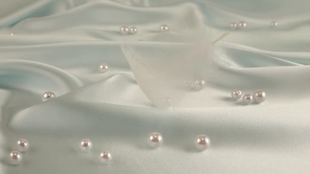 白天鹅的羽毛落在带珍珠的浅蓝色丝绸上 慢动作 — 图库视频影像