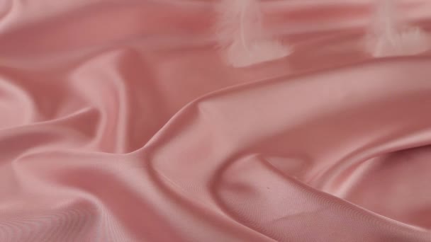 Las Plumas Cisne Blanco Caen Sobre Seda Rosa Pastel Movimiento — Vídeo de stock