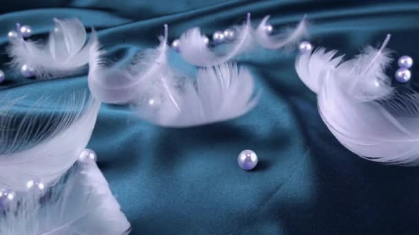 Plumas Cisne Blanco Sobre Seda Azul Con Perlas — Vídeo de stock