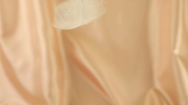 Weiße Schwanenfedern Fallen Auf Einen Seidig Pastellfarbenen Mittelorangen Hintergrund Zeitlupe — Stockvideo