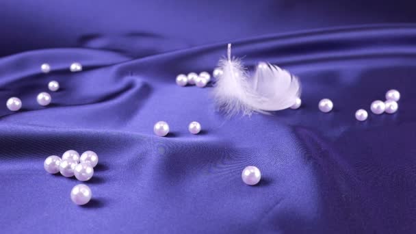 Plumas Cisne Blanco Caen Sobre Seda Ciruela Azul Con Perlas — Vídeo de stock