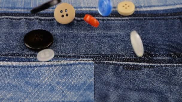 Plastic Multi Colored Buttons Fall Denim Slow Motion — Stockvideo
