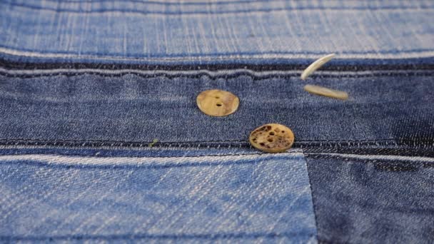 Natural Mother Pearl Buttons Fall Denim Slow Motion — Stockvideo