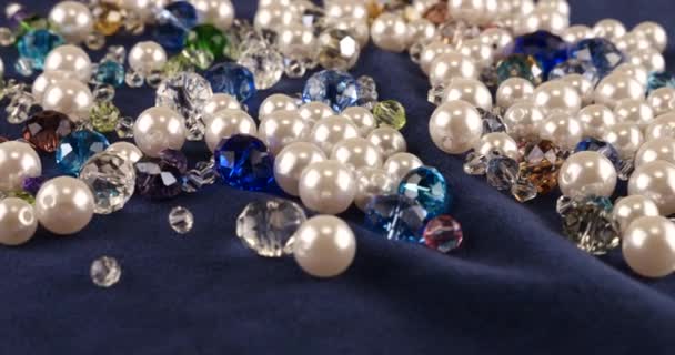 Transparent White Multi Colored Jewelry Crystals Rhinestones Pearls Blue Velvet — Vídeos de Stock