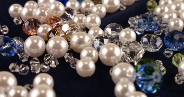 Transparent White Multi Colored Jewelry Crystals Rhinestones Pearls Blue Velvet — Vídeo de stock
