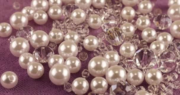 White Pearls Clear Jewelry Crystals Rock Crystal Pink Velvet — Vídeo de stock