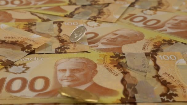 Falling Canadian Coins 100 Dollar Polymer Banknotes Portrait Robert Borden — 图库视频影像