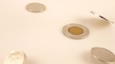 Falling Canadian coins. Slow motion.