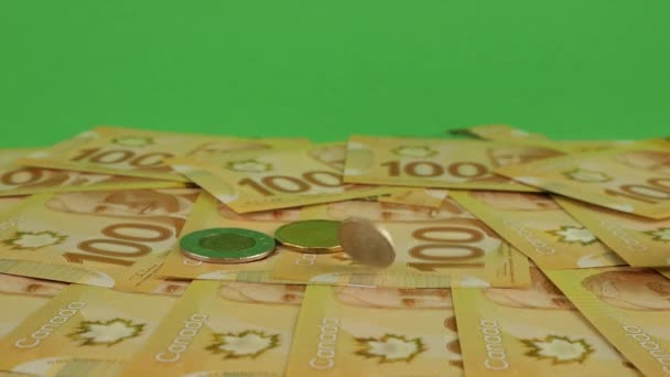 Canadian Money Falling Canadian Coins 100 Dollar Polymer Banknotes Portrait — Vídeo de stock