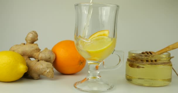 Cooking Drink Made Citrus Ginger Honey Boost Immunity Lemonade Poured — 图库视频影像