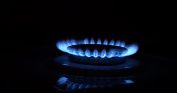 煤气在厨房火炉的燃烧器里燃烧 — 图库视频影像