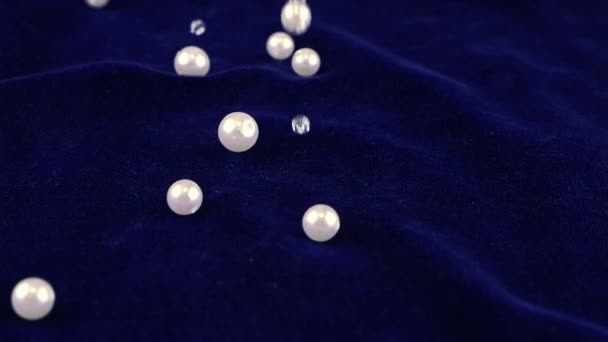 White Pearls Clear Jewelry Crystals Rock Crystal Fall Blue Velvet — Video Stock