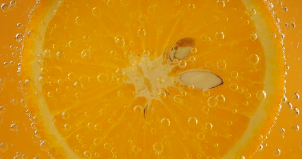 Eine Scheibe Reife Orange Wasserblasen Auf Orangefarbenem Hintergrund — Stockvideo