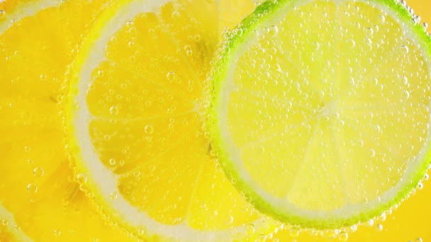 熟した柑橘類のレモネード オレンジ レモン 気泡のライムスライス — ストック動画