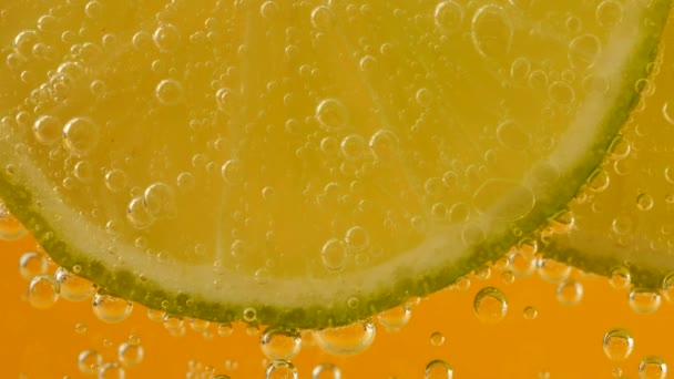 Ripe Lime Slices Air Bubbles Orange Background — стоковое видео