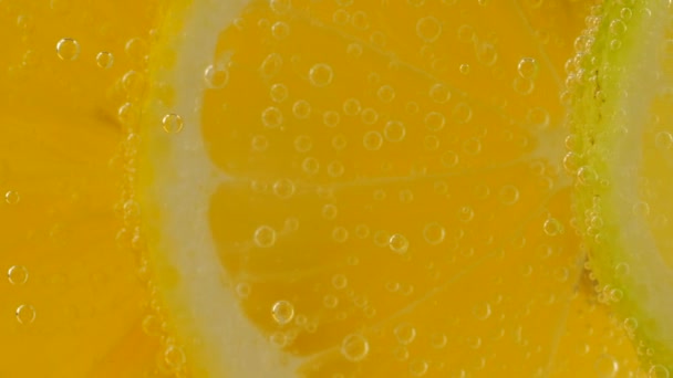 Ripe Citrus Lemonade Orange Lemon Lime Slices Air Bubbles — Stockvideo