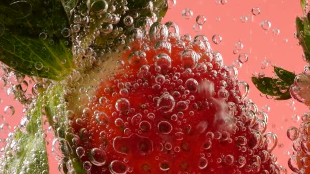 Zralé Jahody Vzduchu Bubliny Růžovém Pozadí — Stock video