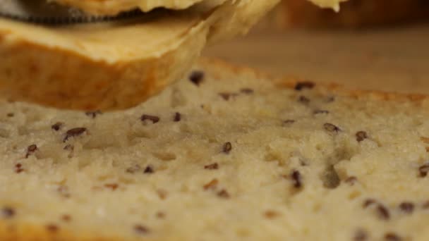 Humus Tahta Kesme Tahtasındaki Bir Parça Çoklu Tahıllı Ekmeğin Üzerine — Stok video