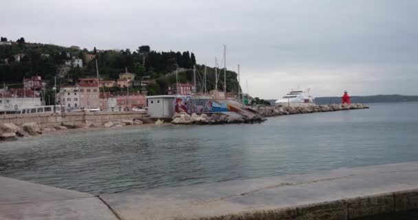 Puerto Piran Mar Adriático Costa Croata Muelle Con Escalera Baño — Vídeos de Stock