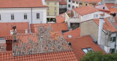 Piran, Adriyatik Denizi ve Hırvatistan kıyılarındaki kırmızı kiremitli evlerin panoramik manzarası. Slovenya.