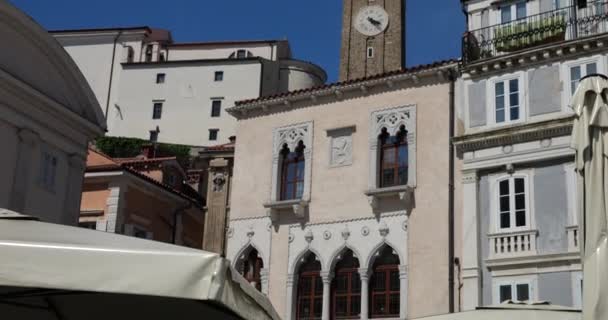 Arquitectura Antigua Ciudad Mediterránea Campanario Casas Casa Veneciana Piran Eslovenia — Vídeos de Stock