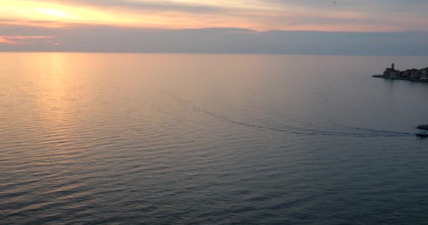 Vista Panorámica Del Cielo Nocturno Mar Adriático Puerto Piran Costa — Vídeos de Stock